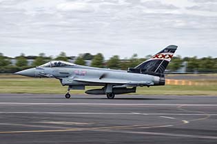 Lots of noise: an RAF Typhoon taking off, Farnborough, July 2014